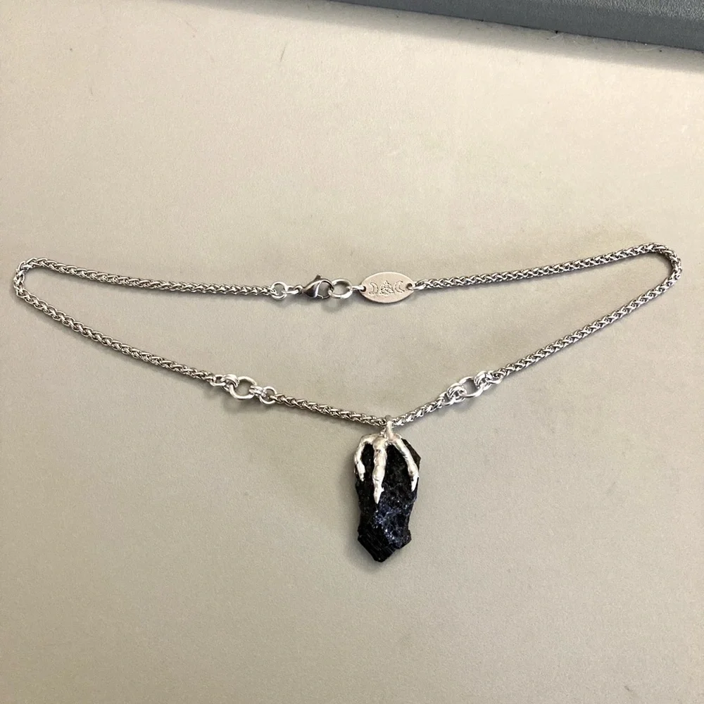 Black raw natural tourmaline gemstone electroplated charm steel boho necklace . - Picture 10 of 12